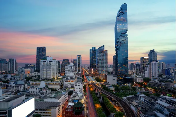 Bangkok skyline with modern skyscrapers and traditional temples
