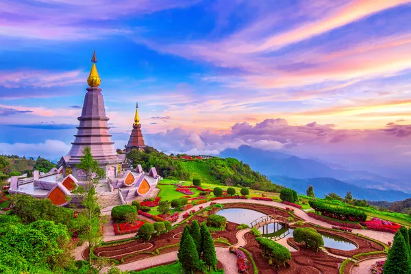 Chiang Mai temple with mountains in background